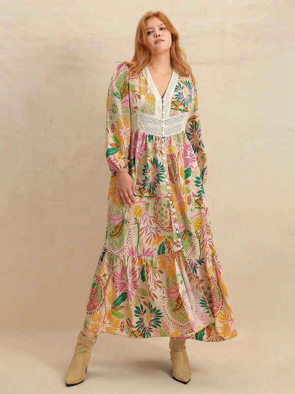 plus-size-lace-detail-printed-v-neck-balloon-sleeve-dress OhSoStyled - Sophia's Style-1